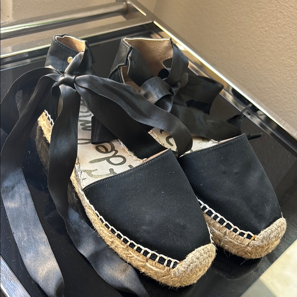 Sam Edelman Black Espadrilles with Satin Ankle Ties